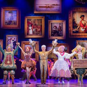 PHOTO CREDIT: Gareth Jacobs (Cogsworth), Hayley Martin (Babette), Rohan Browne (Lumiere), Jayde Westaby (Mrs. Potts) & Alana Tranter (Madame de la Grande Bouche). Beauty and the Beast Original Australian Cast. Photo by Daniel Boud. ©Disney